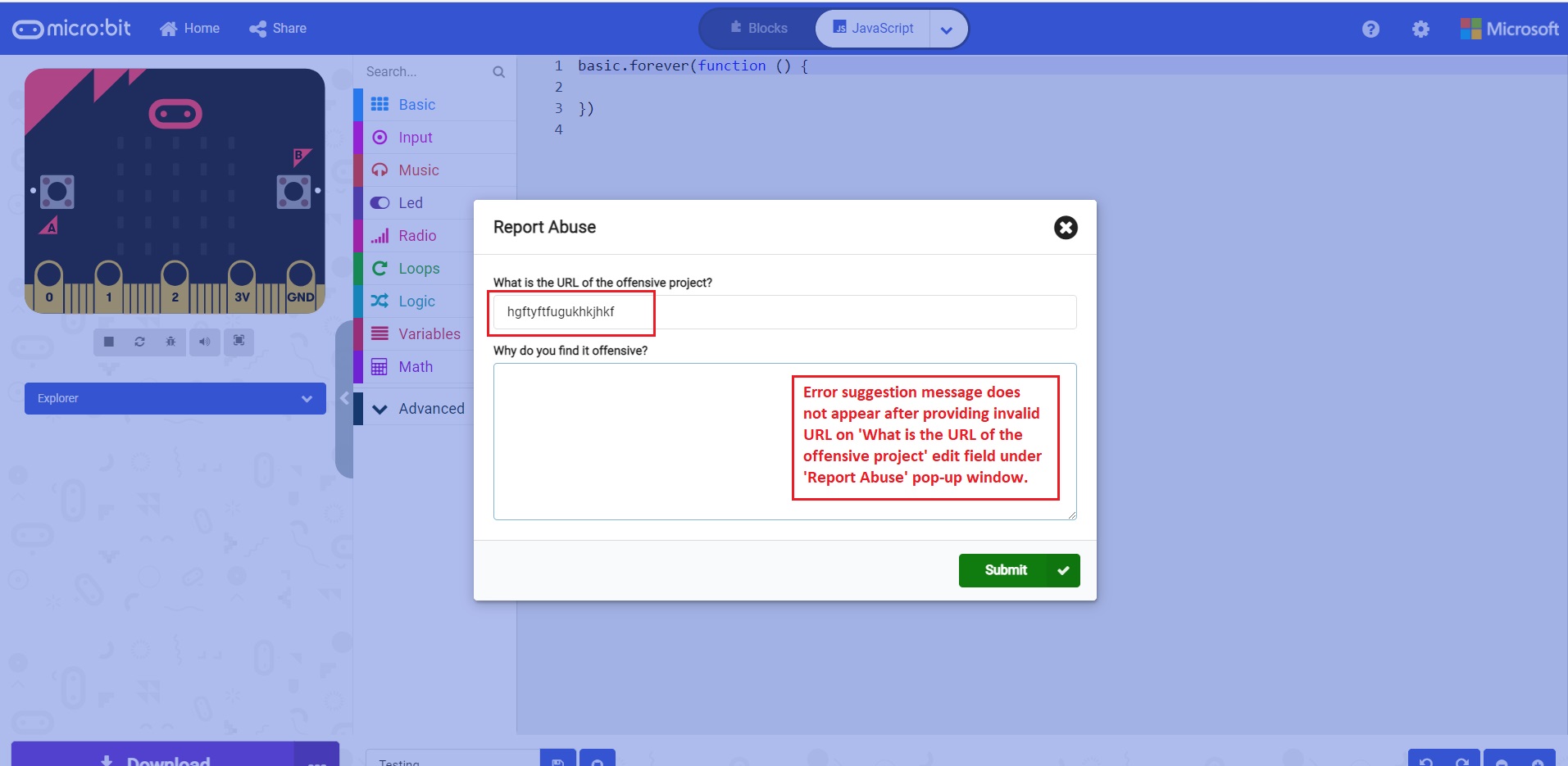 [Screen Reader Make Code Report Abuse] Error message does not appear after providing invalid