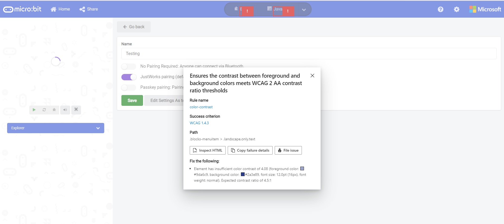 [Programmatic Access Make Code JavaScript] Ensures the contrast