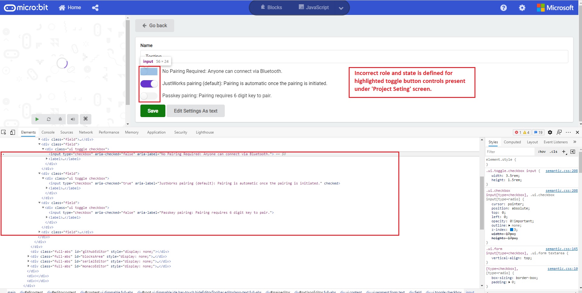 [Programmatic Access Make Code Project Setting] Incorrect role and state are defined for