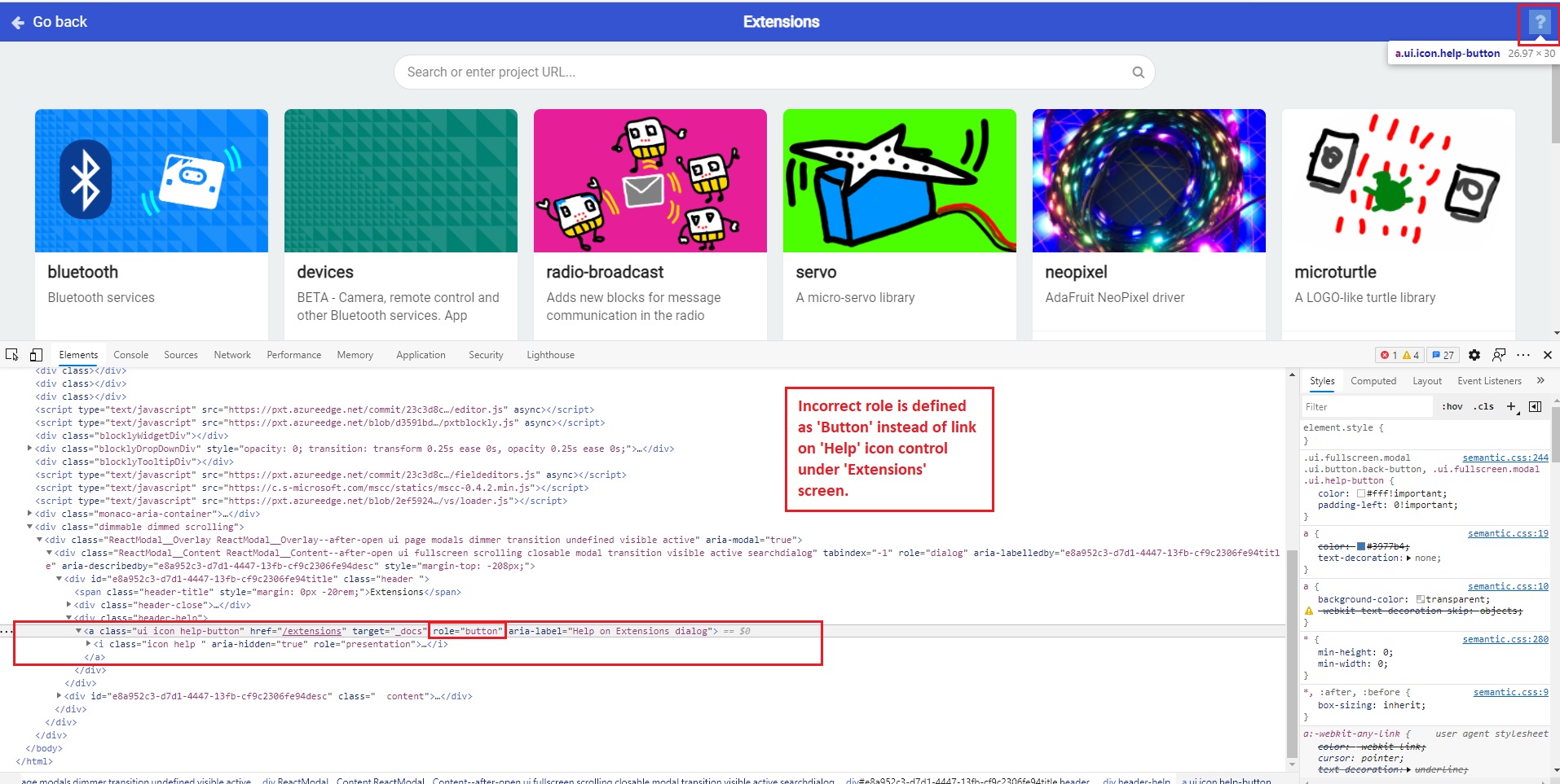 [Programmatic Access Make Code Extensions] Incorrect role is defined for 'Help' icon control