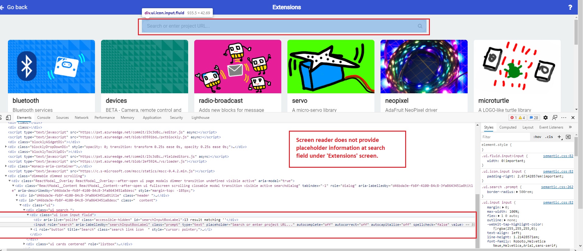 [Screen Reader Make Code Extensions] Screen reader does not provide placeholder information