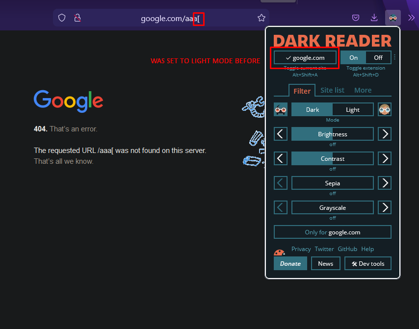 [Bug] Cannot set website to light mode when the url ends with a ...