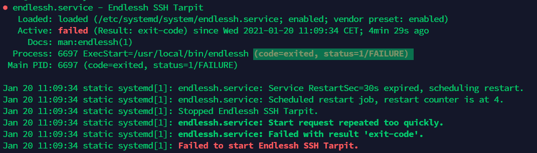 code exited status 1 FAILURE Issue 58 skeeto endlessh GitHub