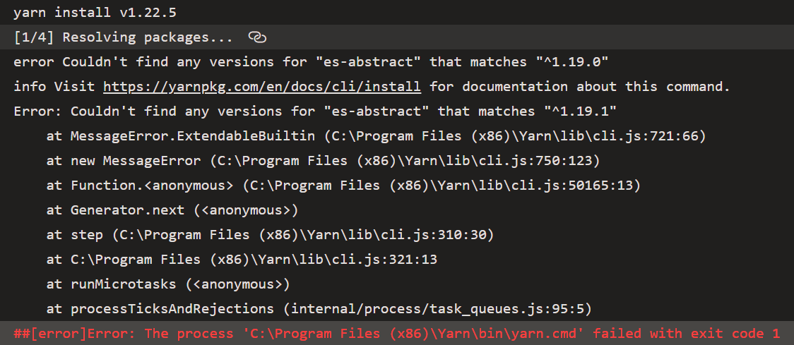 Yarn Install failing with error Couldn't find any versions for "es ...