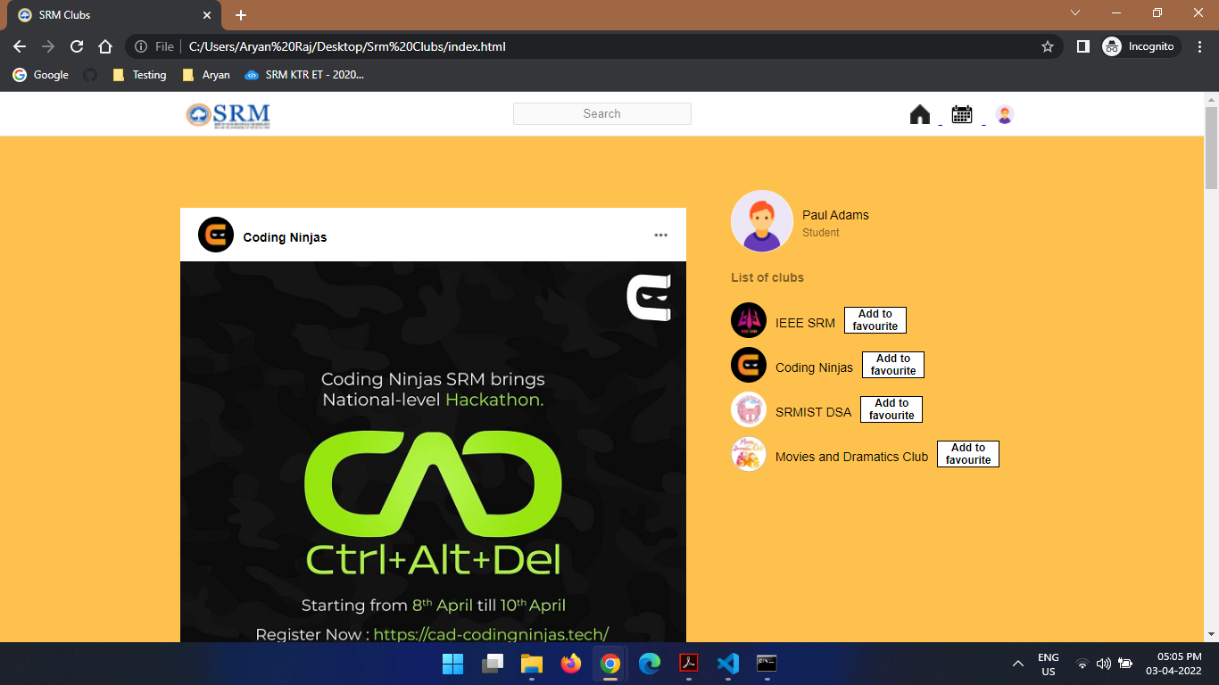 Github Ar7775 Srm Clubs A Website That Helps Students To Keep Track