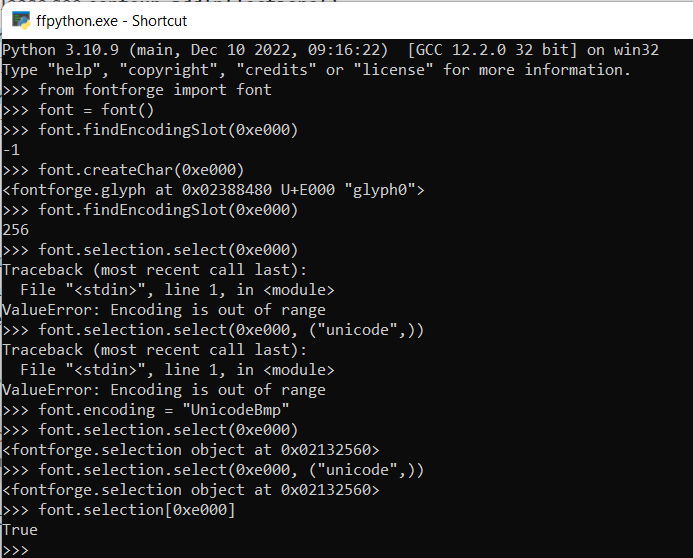 ffpython says encoding out of range, trying to select a glyph I just ...