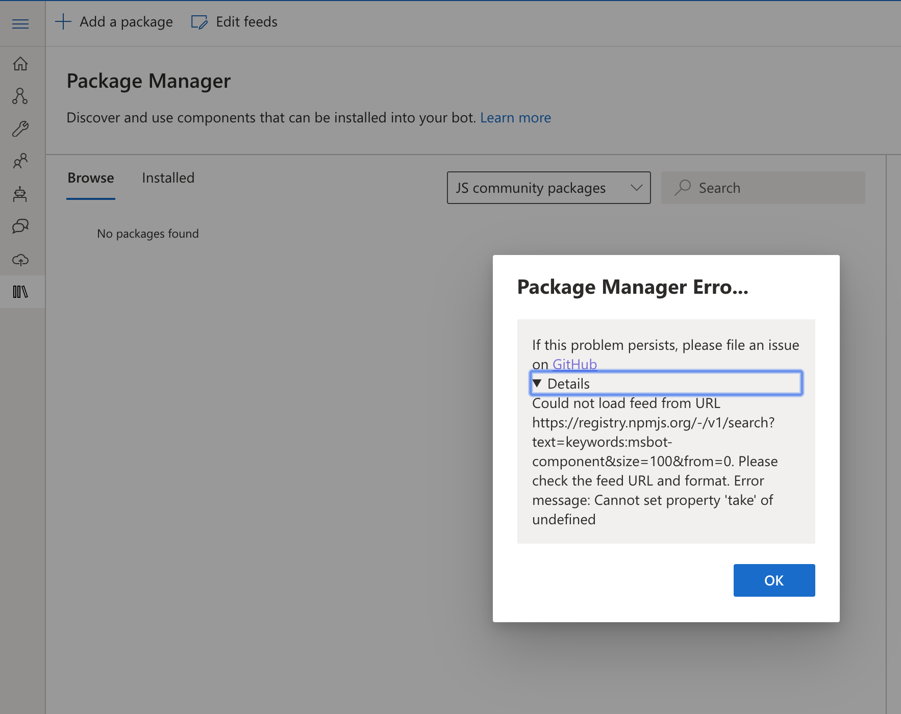 Selecting "JS community packages" from package manager filter dropdown ...