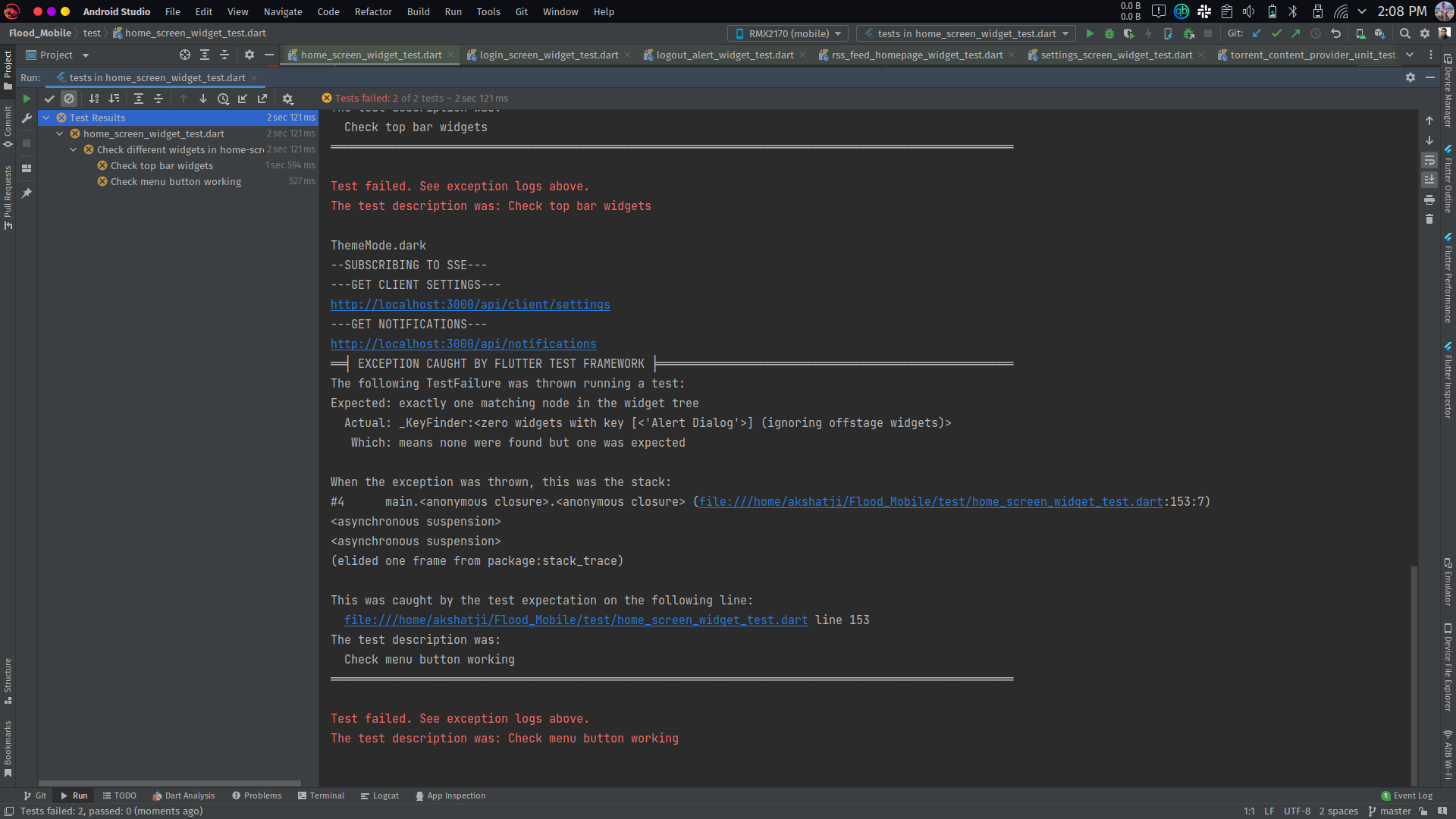 home_screen_widget_test.dart page widget tests failing. · Issue #150 ...