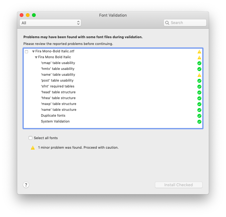 Font Book.app Font Validation dialog box