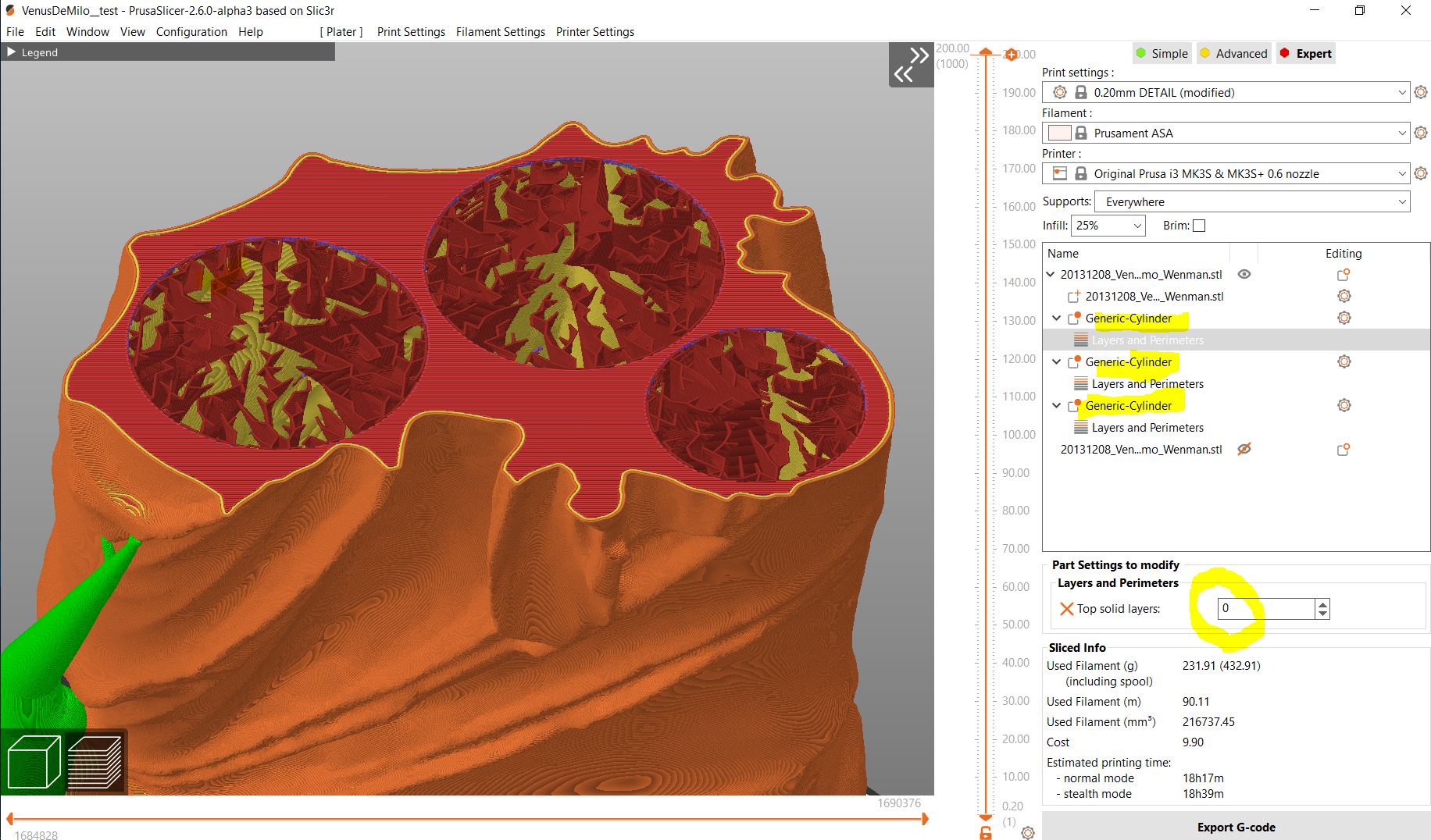 Lightning infill is created in areas where 