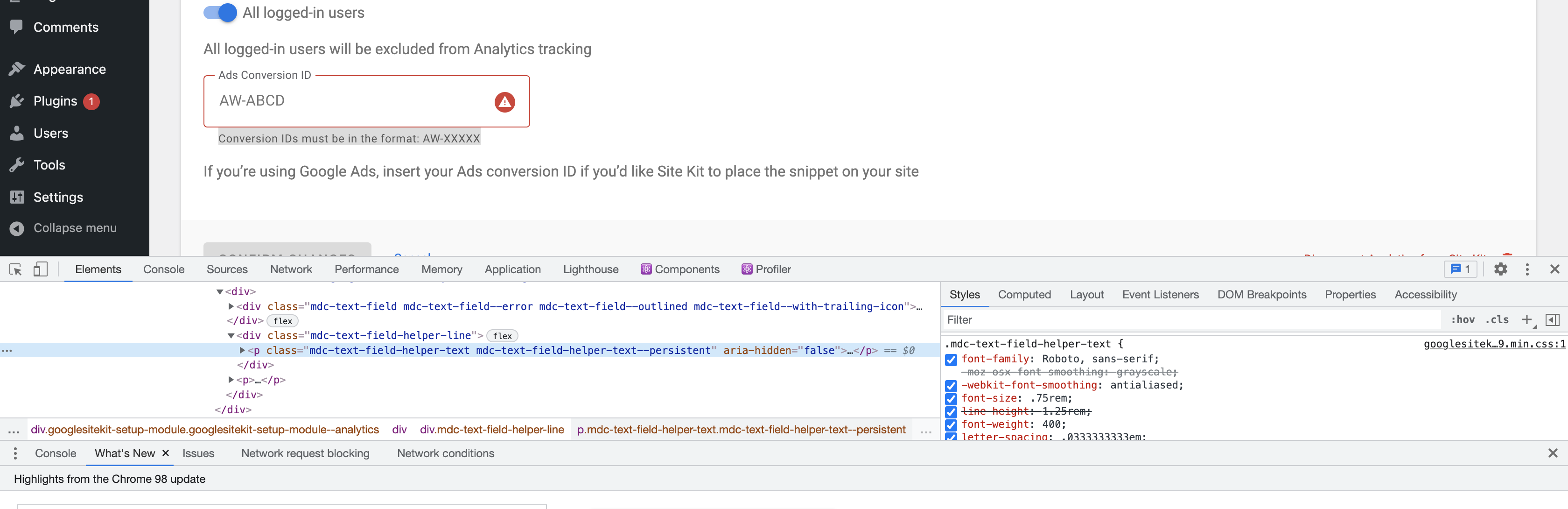 Helper text has incorrect font size · Issue #4510 · google/site-kit-wp ...