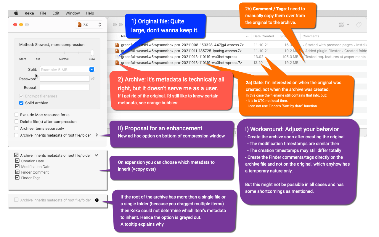 Keka compression option - Archive inherits metadata of single root file or folder