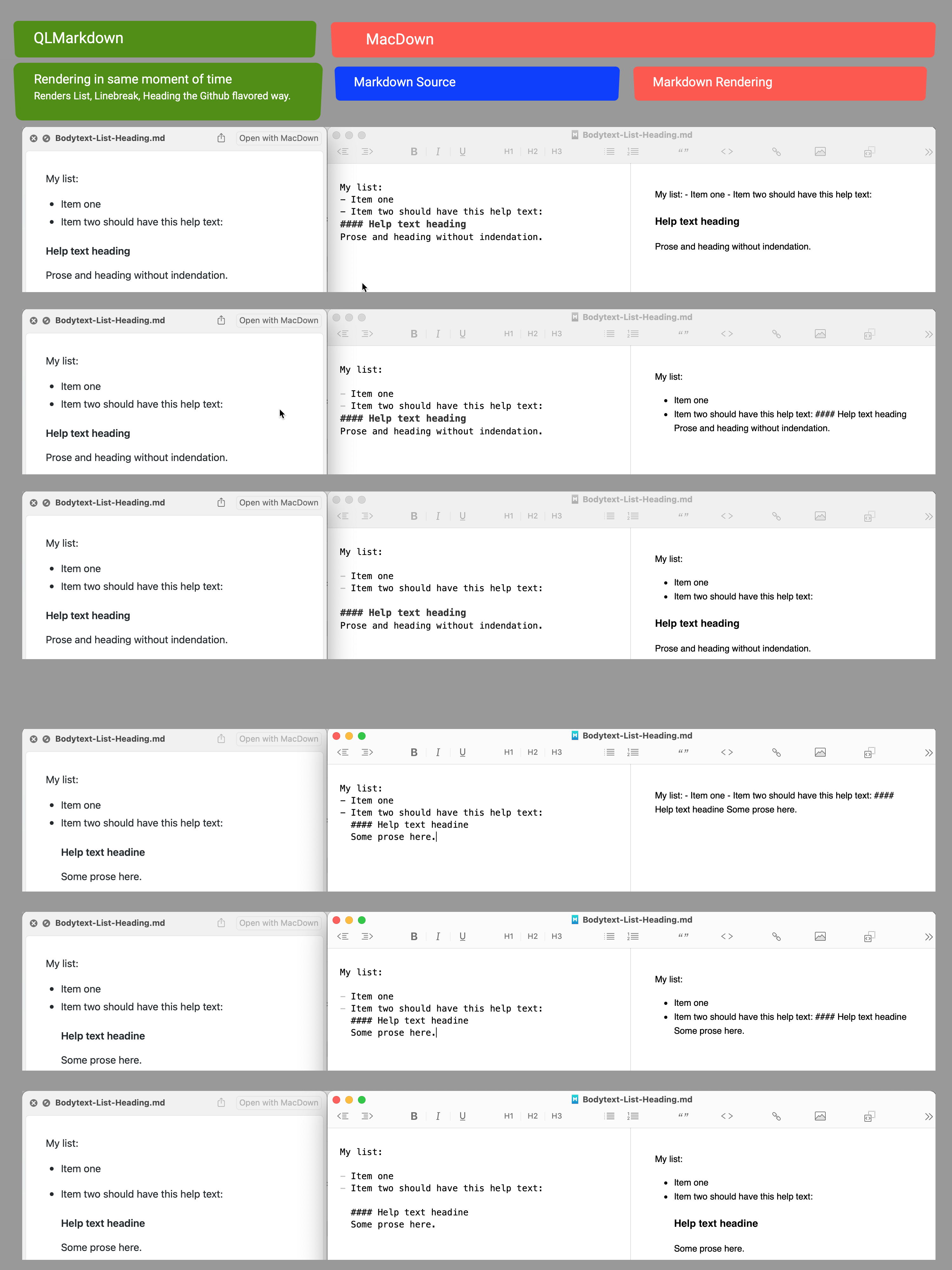 List LineBreak or EmptyLine Heading - MacDown very strict vs QLMarkdown with more relaxed interpretation