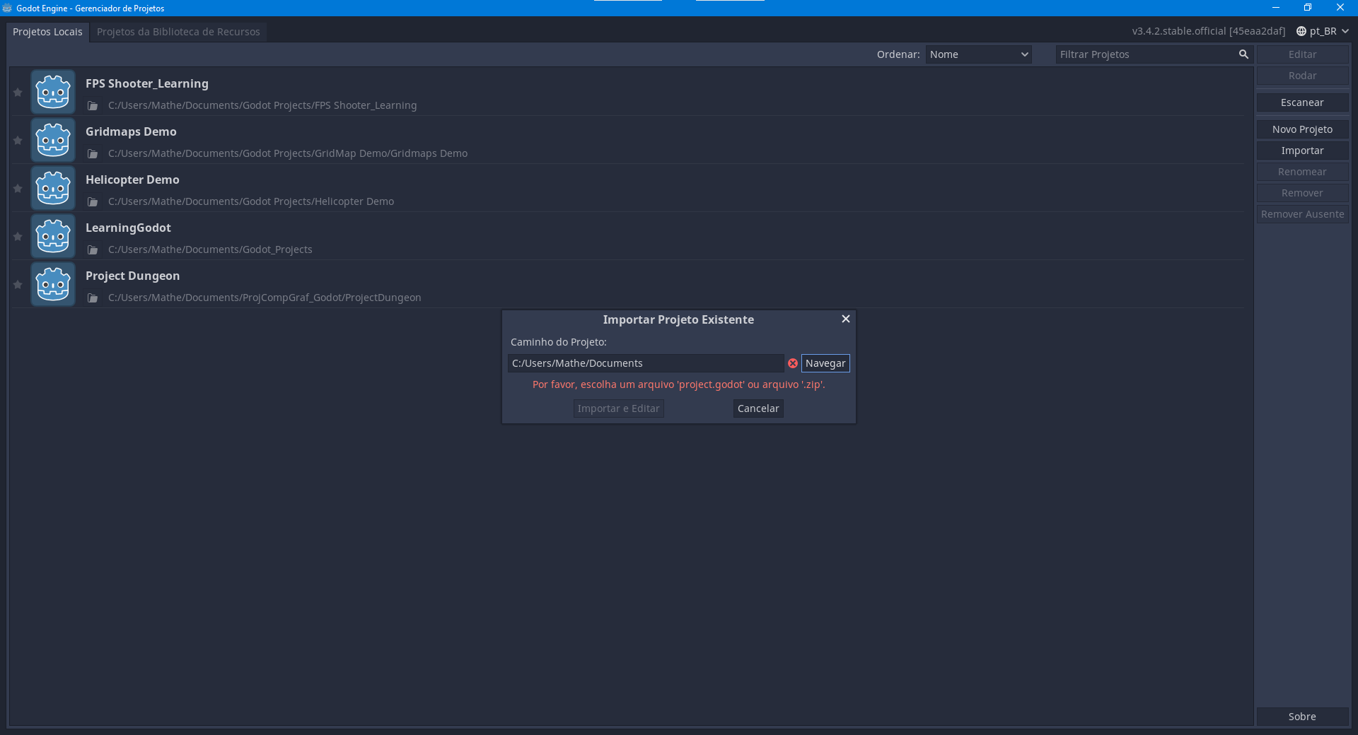 Após clicar em import project