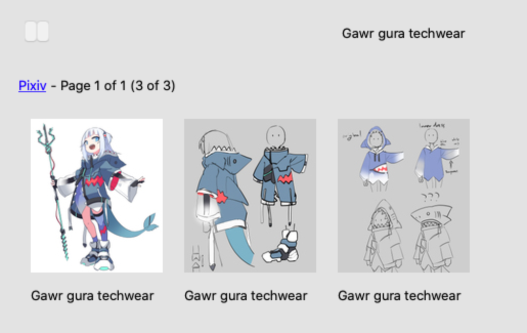 Screenshot of Grabber displaying one of the posts from the search results. There are three thumbnails, one for each image in the post.