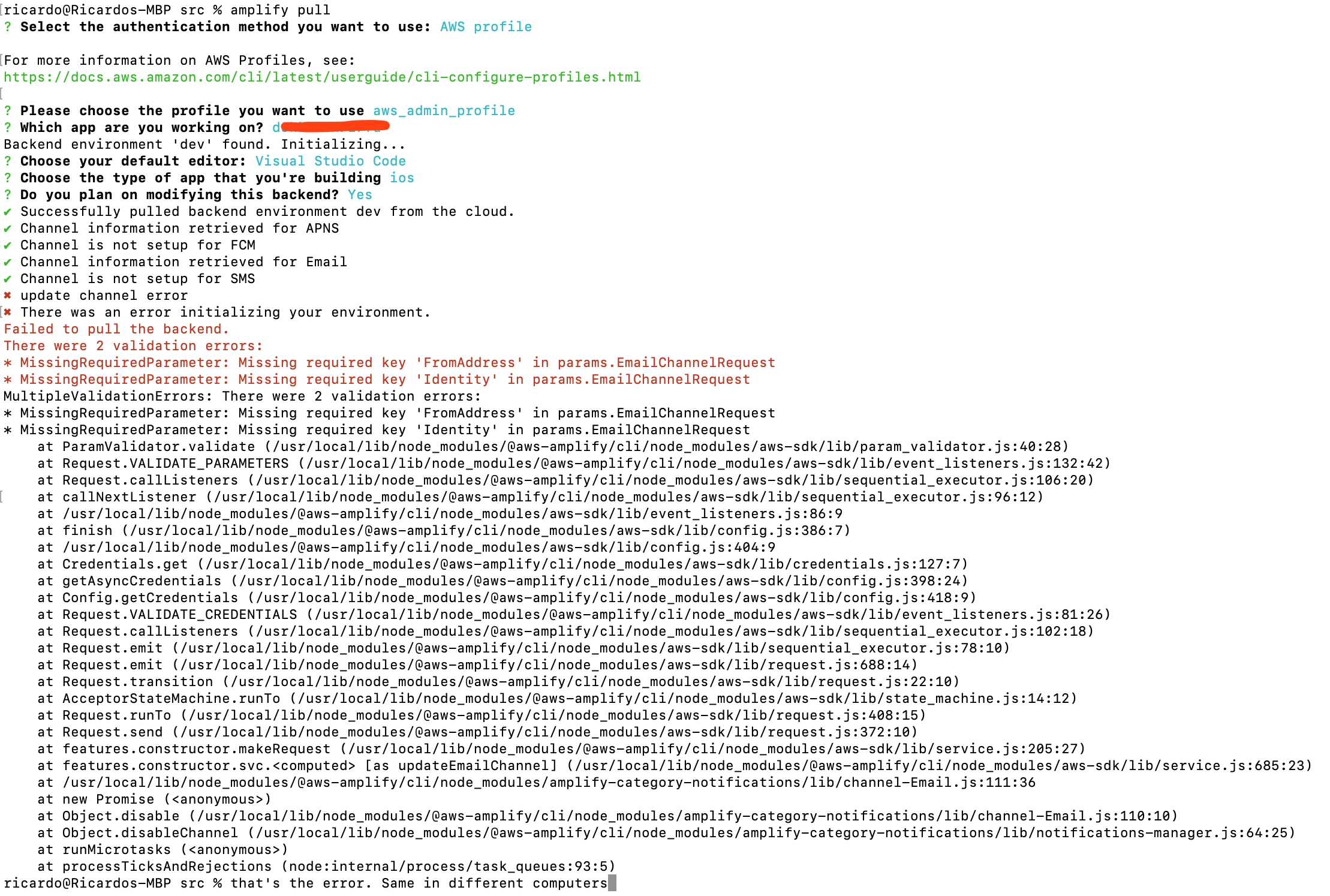 [BUG] Missing required key 'FromAddress' in params.EmailChannelRequest · Issue 7464 · aws