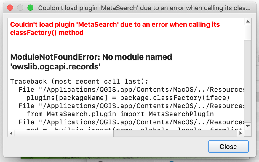 QGIS 3.24 -- macOS version -- "Couldn't load plugin 'MetaSearch'" error ...