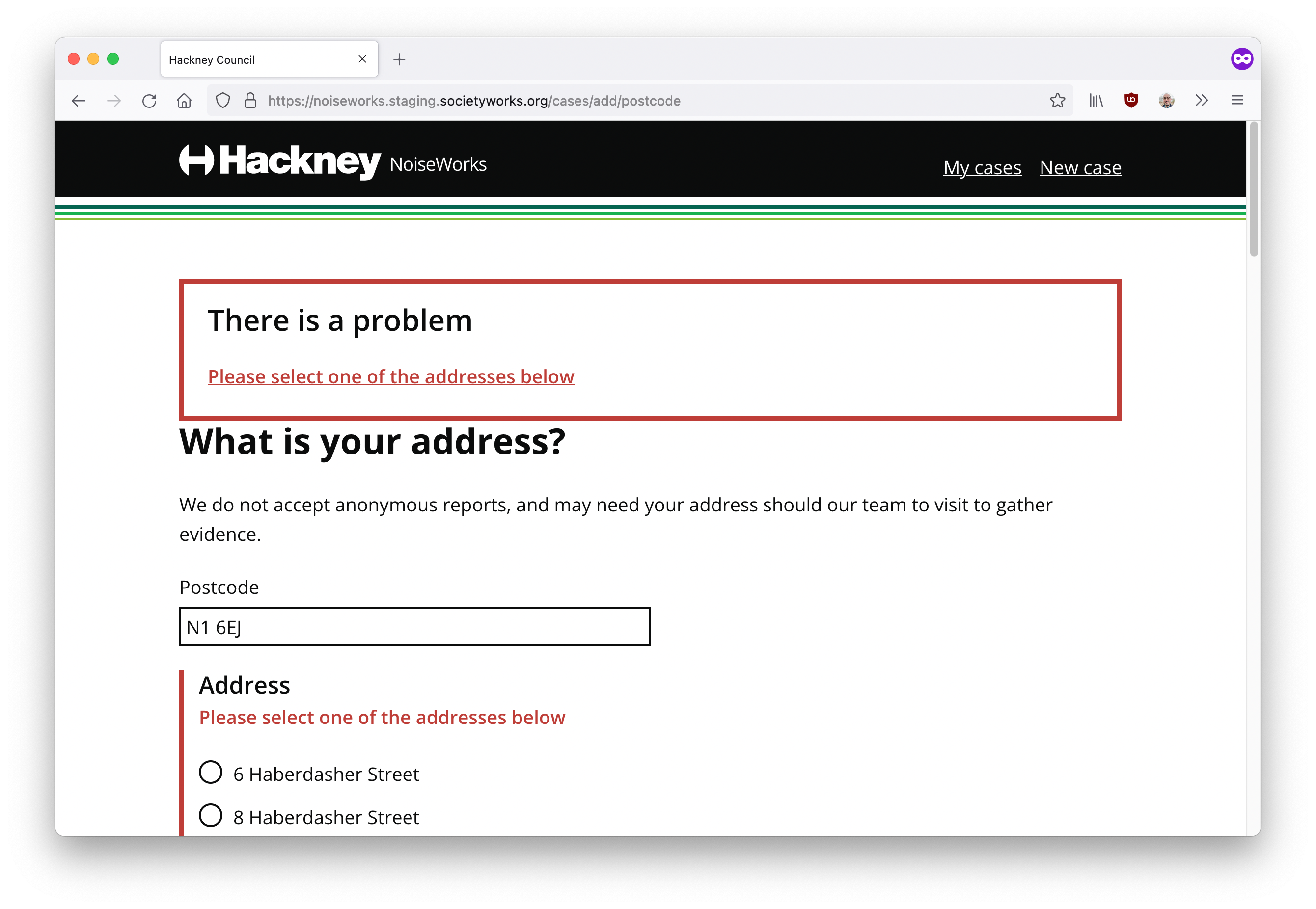 Postcode Error Citizen reporting form presents an error on submitting