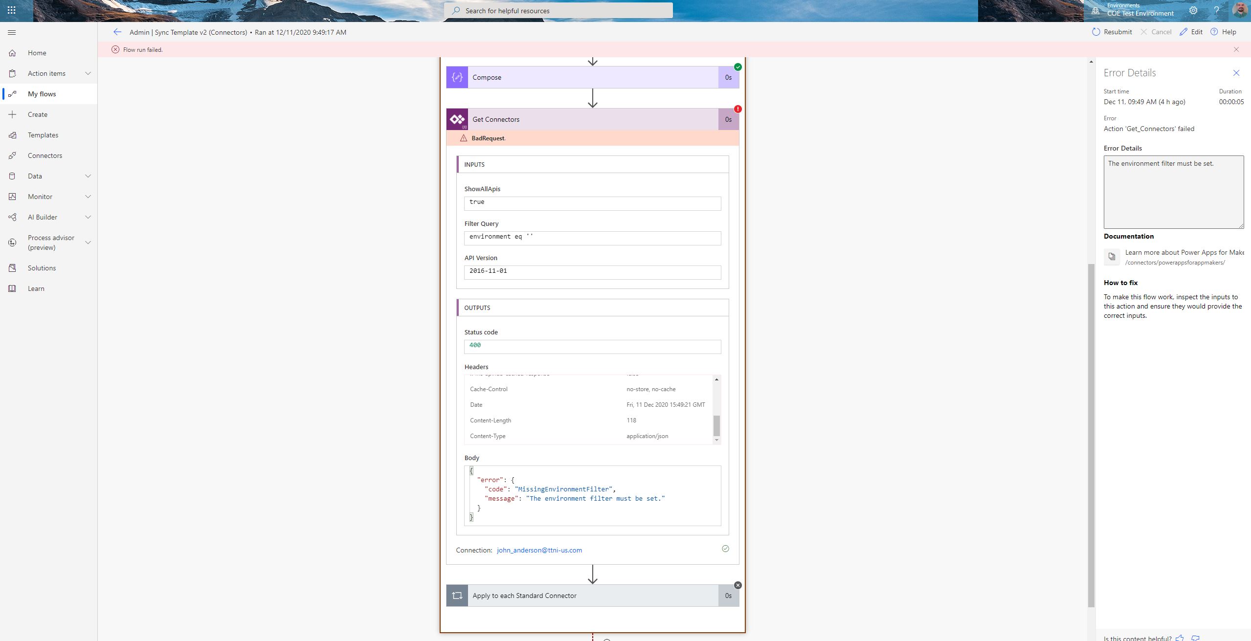 [BUG]: Cannot use Connectors flow if dont have admin access to Default ...