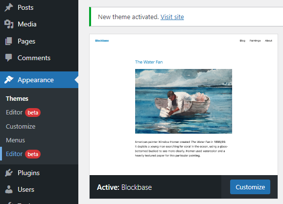 Block themes that support the customizer has two Editor links under ...