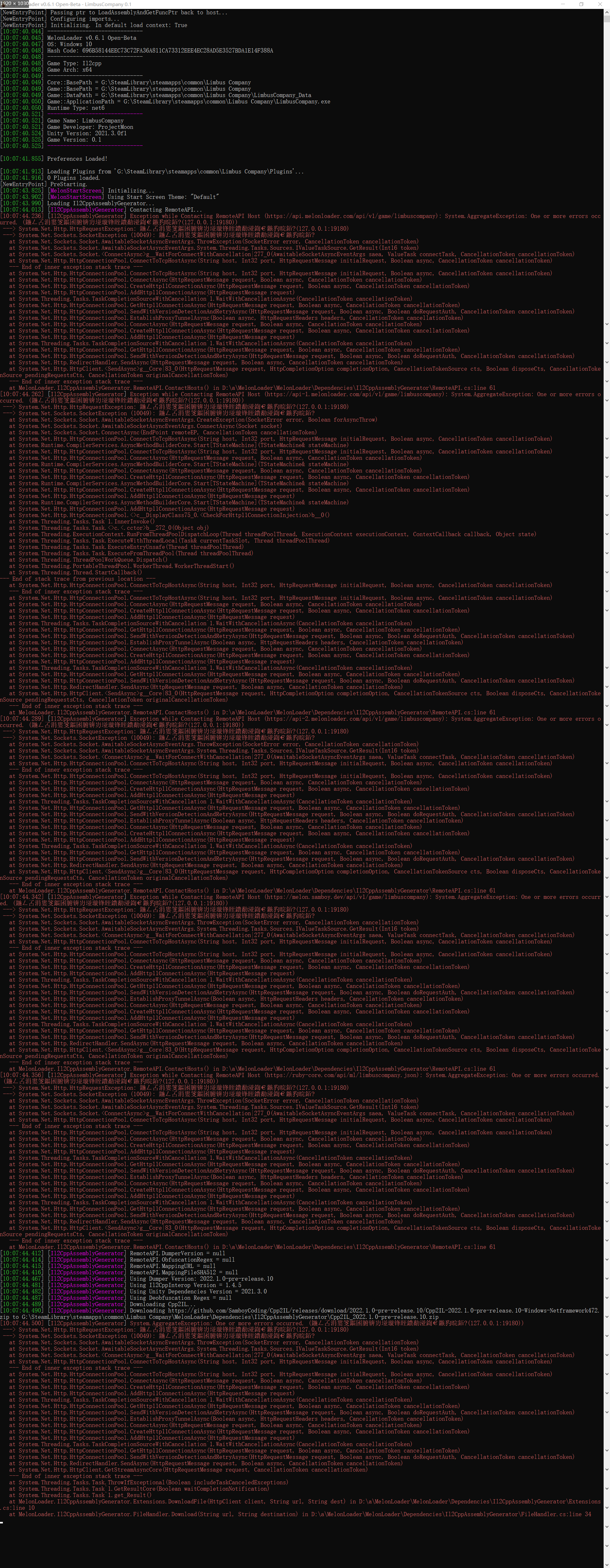 模组不生效（v0.5.1）进游戏有弹窗（INTERNAL FAILURE!）MelonLoader日志内容（在其上下文中，该请求的地址无效