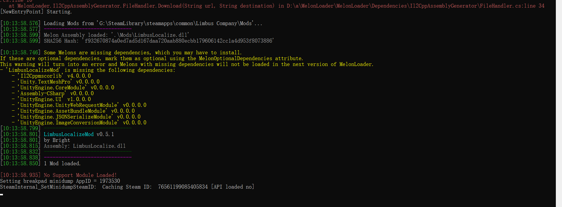 模组不生效（v0.5.1）进游戏有弹窗（INTERNAL FAILURE!）MelonLoader日志内容（在其上下文中，该请求的地址无效