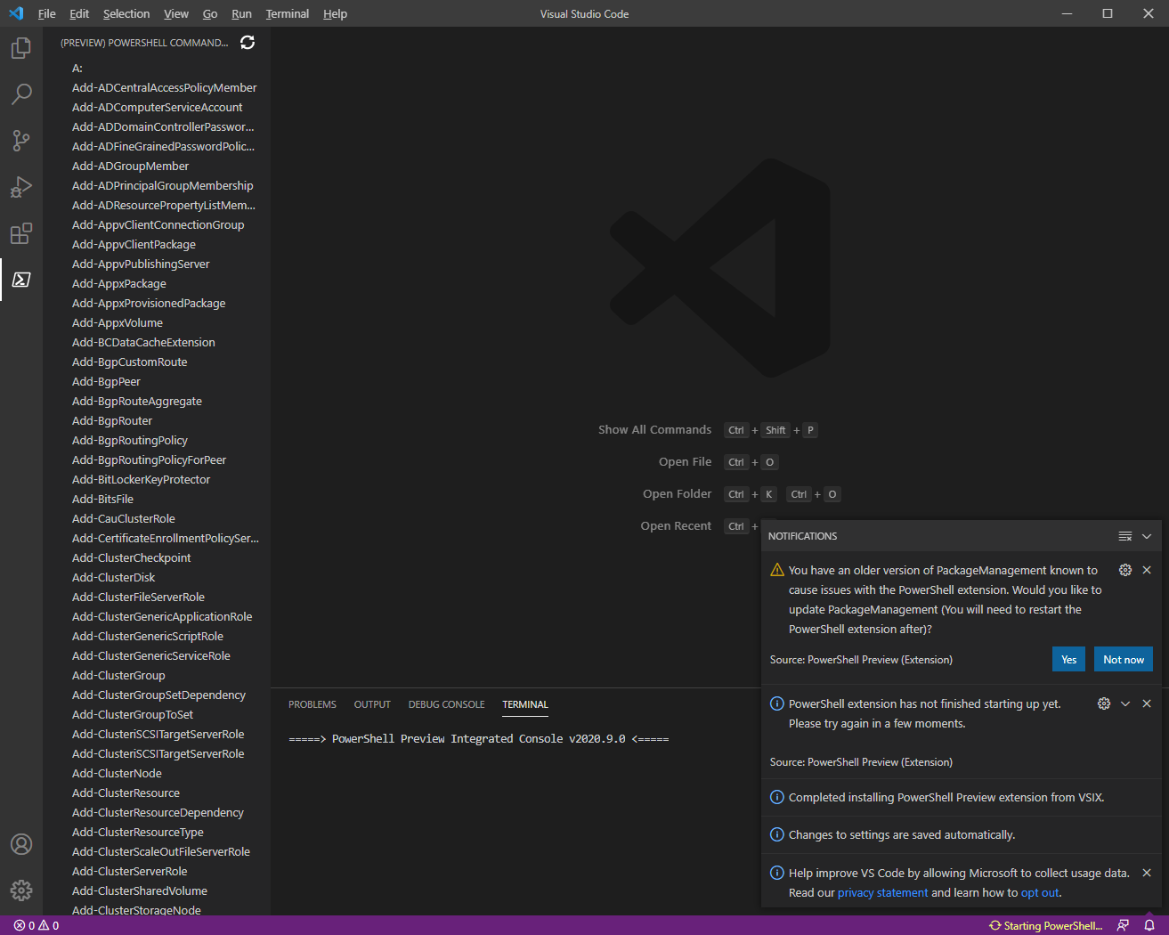 PowerShell Integrated Console does't start: Running the contributed ...