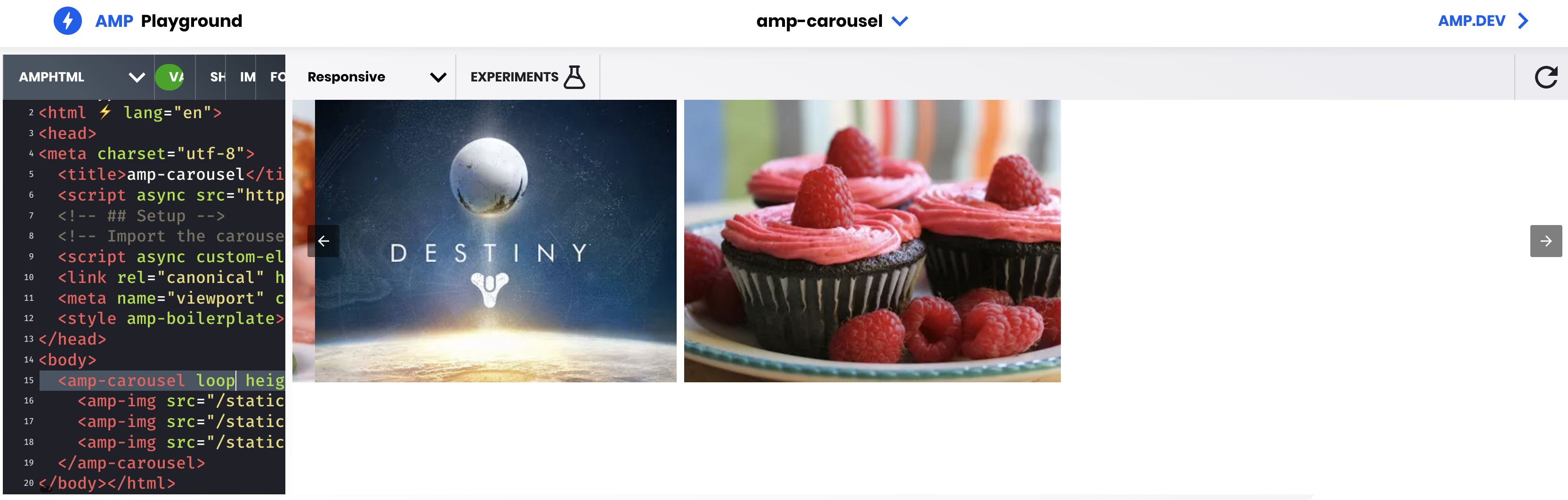 ampcarousel 0.2 with `loop`, `type=carousel` and `layout=fixedheight