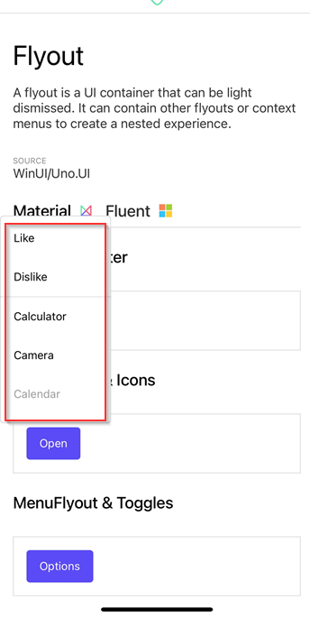 [Gallery][iOS] For MenuFlyout & Icons, When clicking Open button, the ...