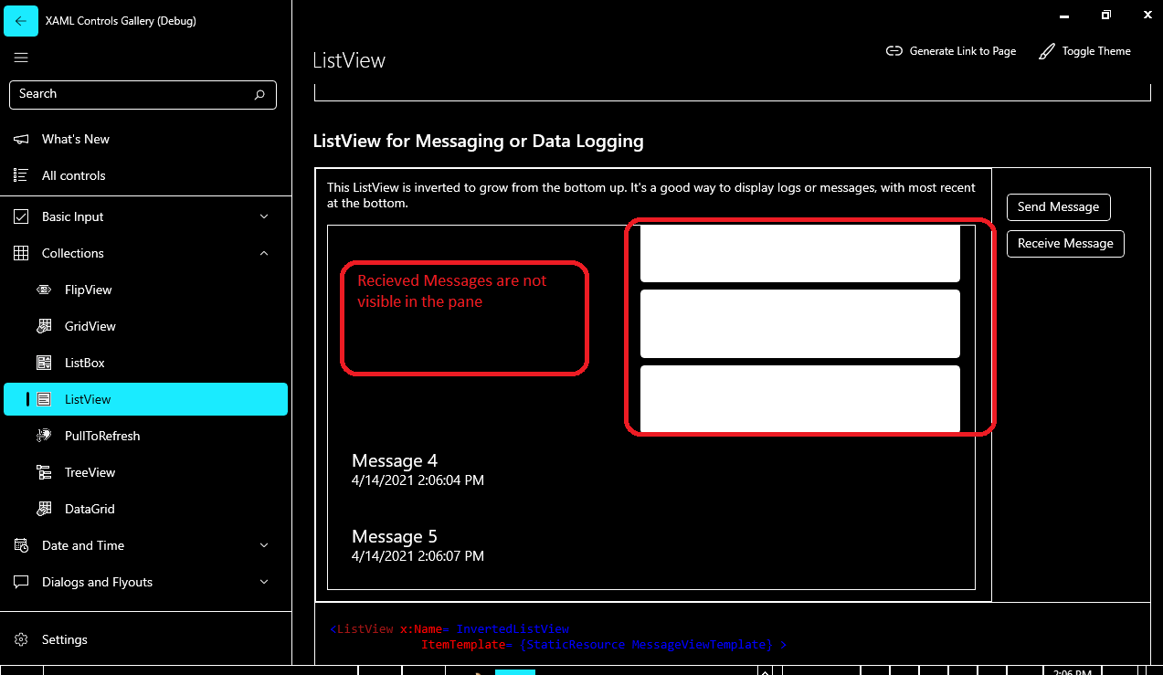 [XAML Controls Gallery(debug)->Collections->ListView] : Sent messages ...