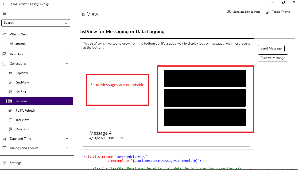 [XAML Controls Gallery(debug)->Collections->ListView] : Sent messages ...