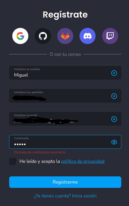 UX/UI Registro Formato de contraseña incorrecta si es muy corta · Issue ...