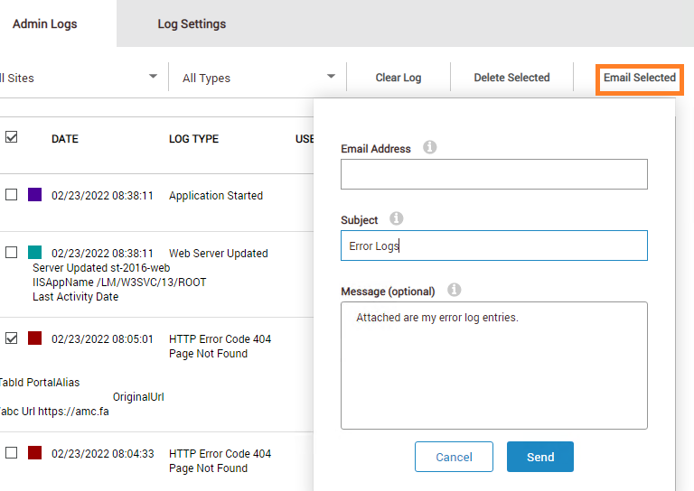 Sharing admin log entries via Email is not working. · Issue #5024 ...
