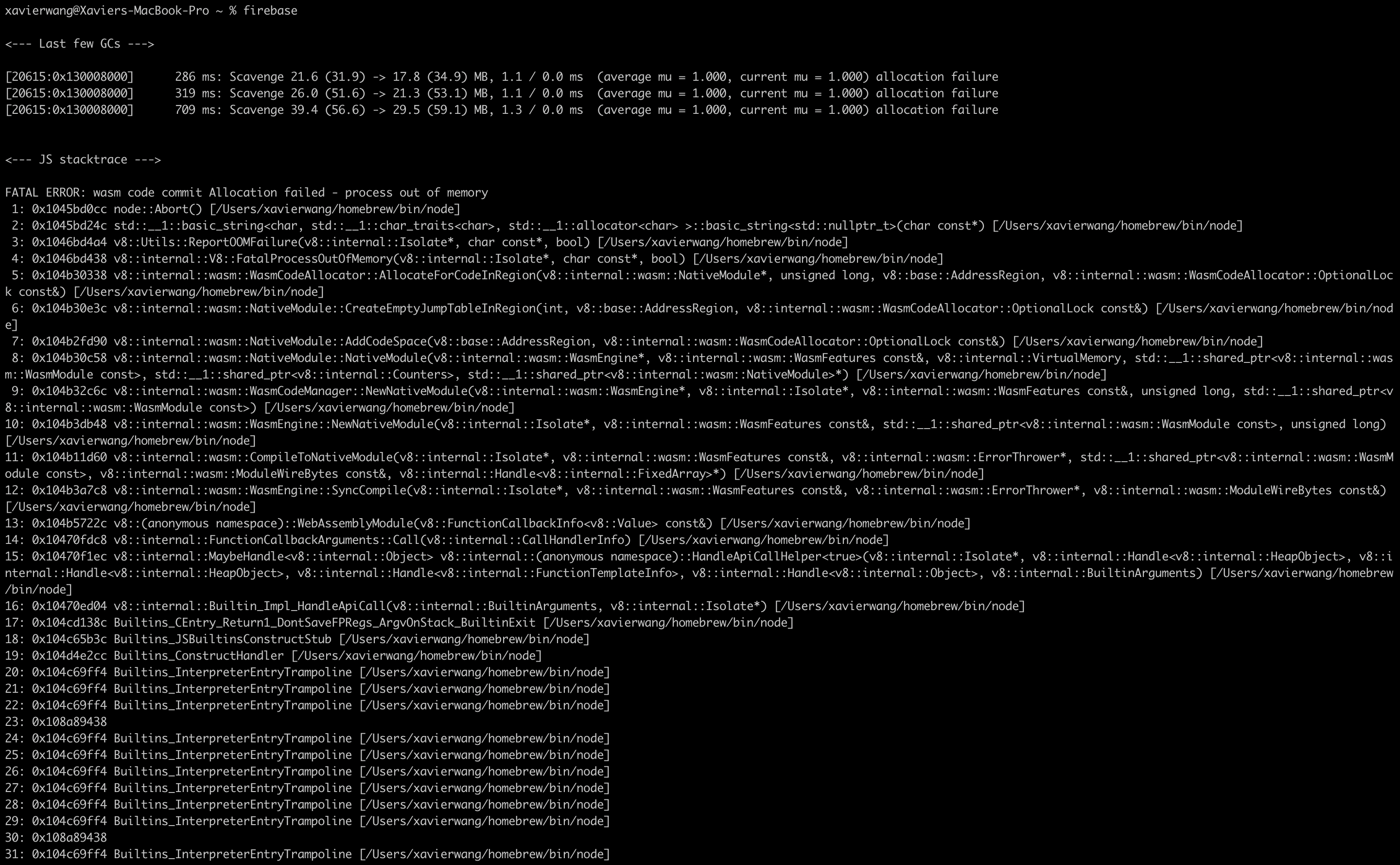 FATAL ERROR: wasm code commit Allocation failed - process out of memory ...