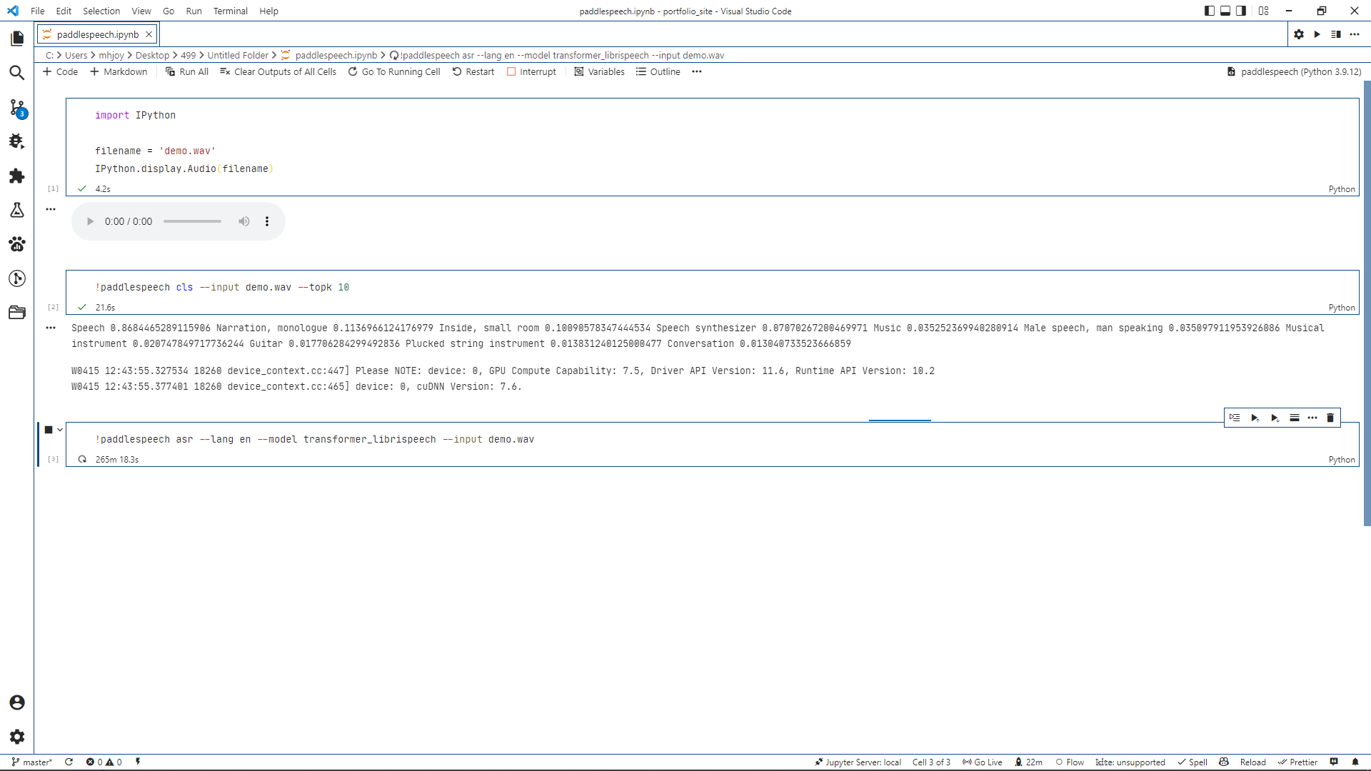!paddlespeech asr lang en model transformer_librispeech input demo.wav taking forever to