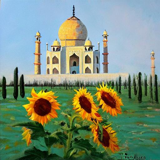 tajmahal, snow, sunflowers, oil on canvas_0