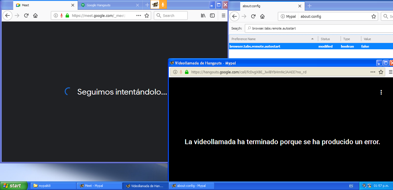 now call hangouts, google meet is not working anymore, even with multiprocess is true and false
