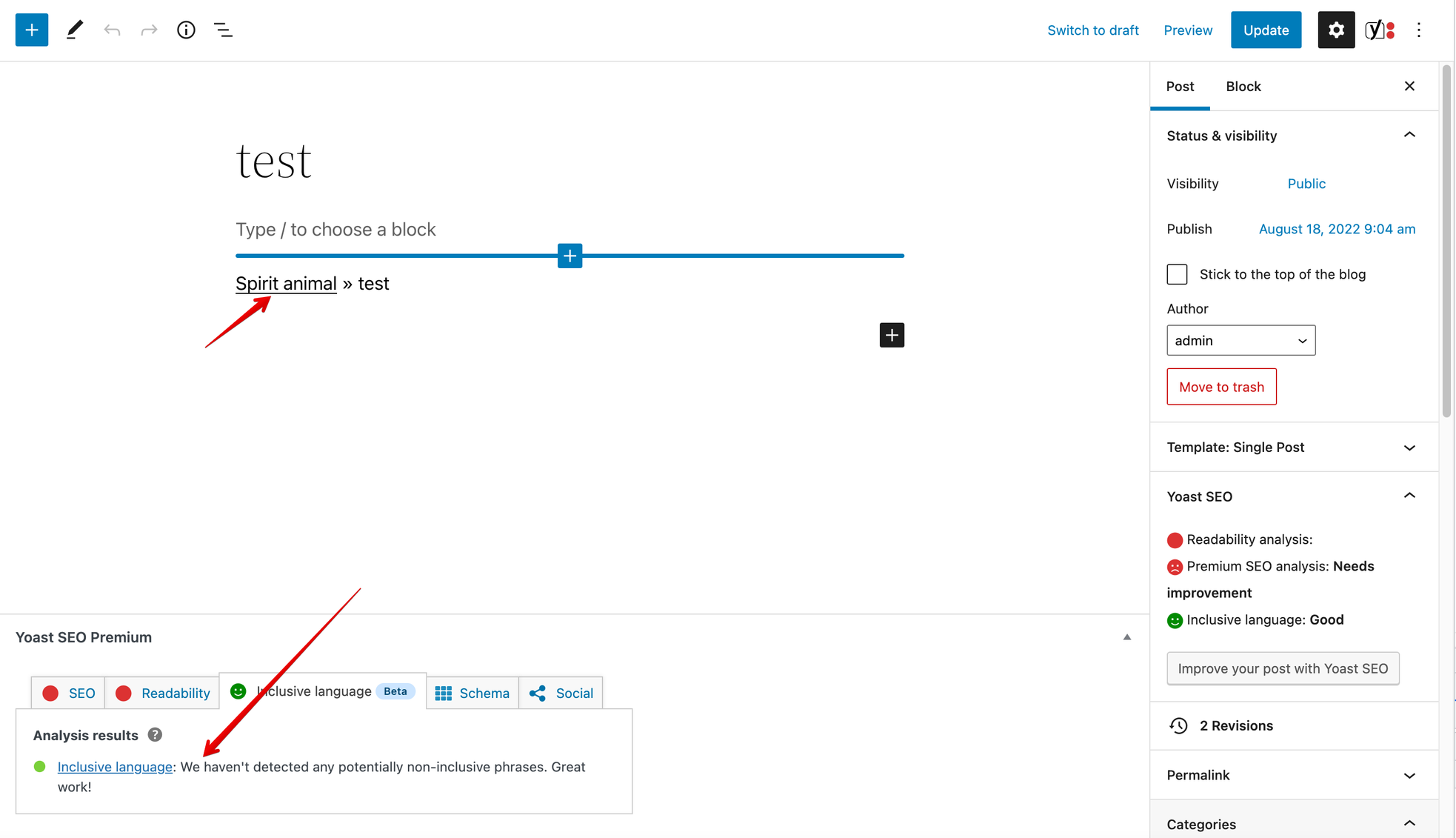 Inclusive language analysis not triggered for breadcrumbs block · Issue 19814 · Yoast/wordpress