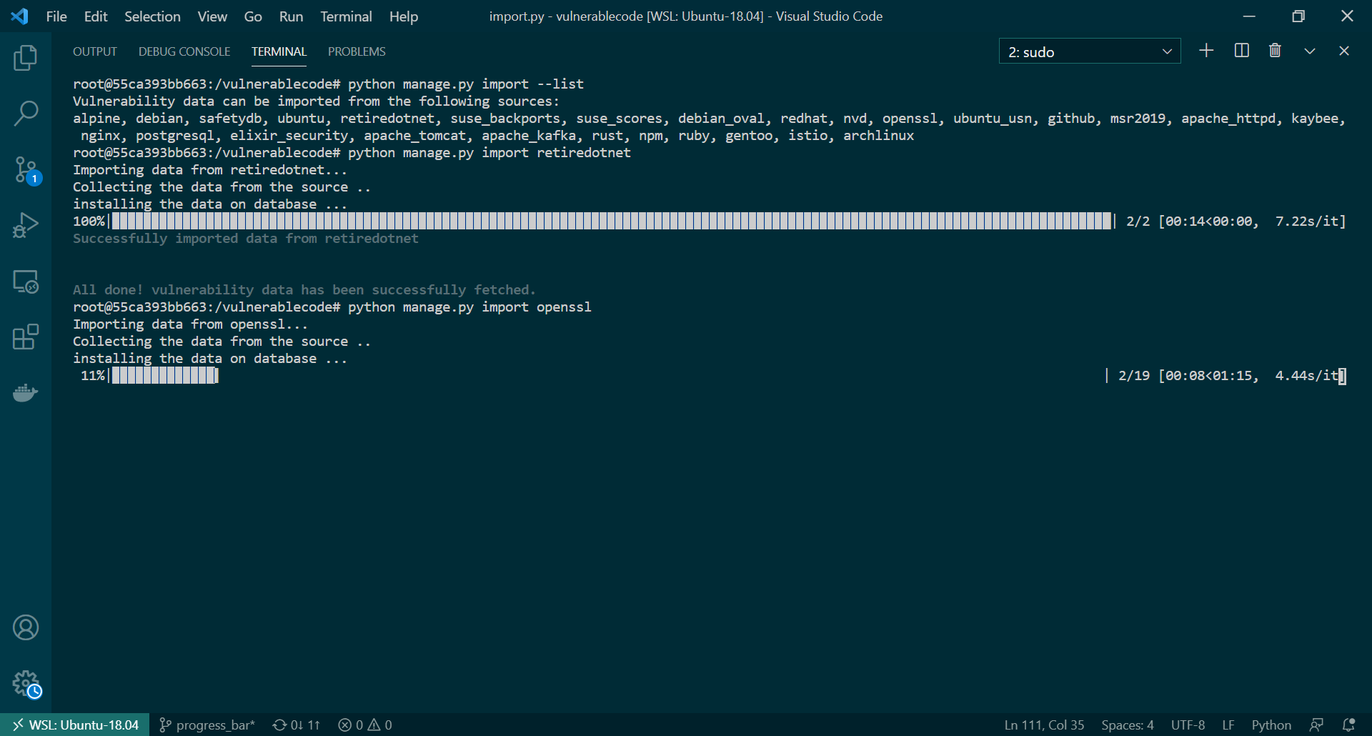 import py - vulnerablecode WSL_ Ubuntu-18 04 - Visual Studio Code 06-04-2021 14_40_49