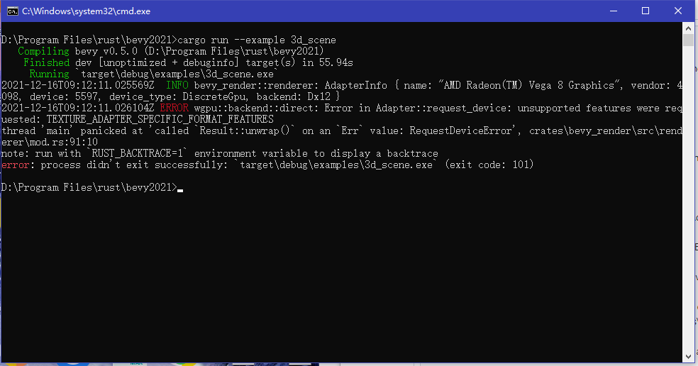 wgpu::backend::direct: Error in Adapter::request_device: unsupported ...