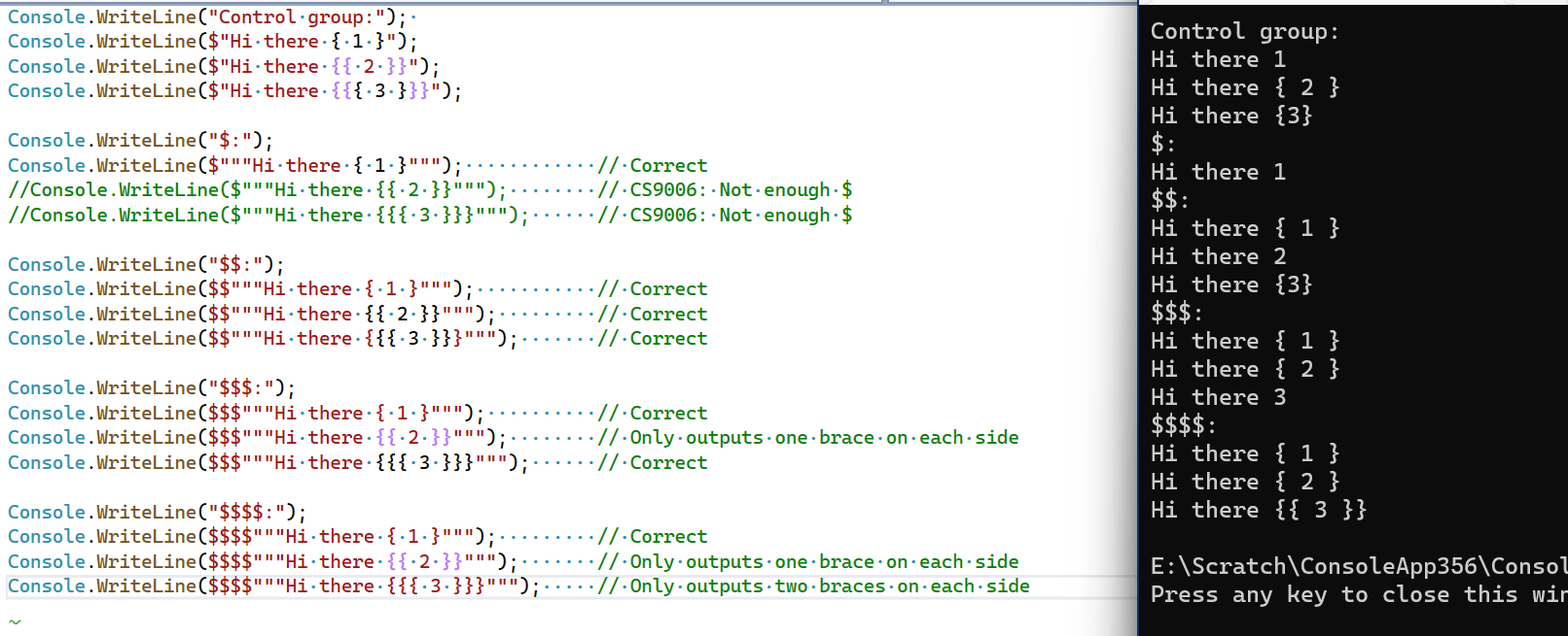 Interpolated raw string literals don't handle double braces correctly ...