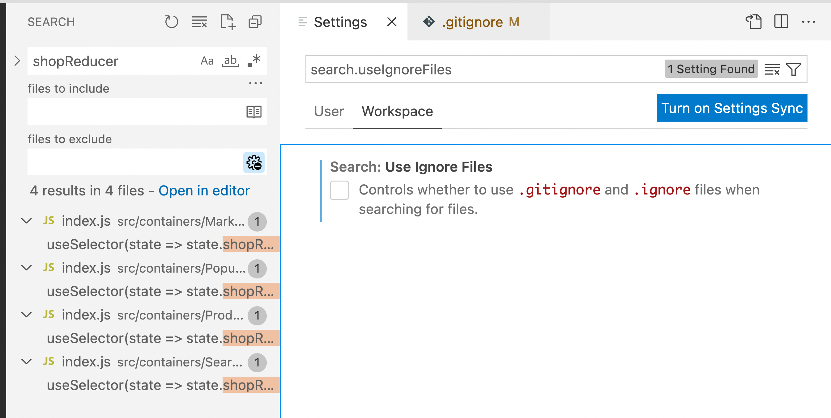 Search Use Ignore Files exclude source files not in .gitignore or