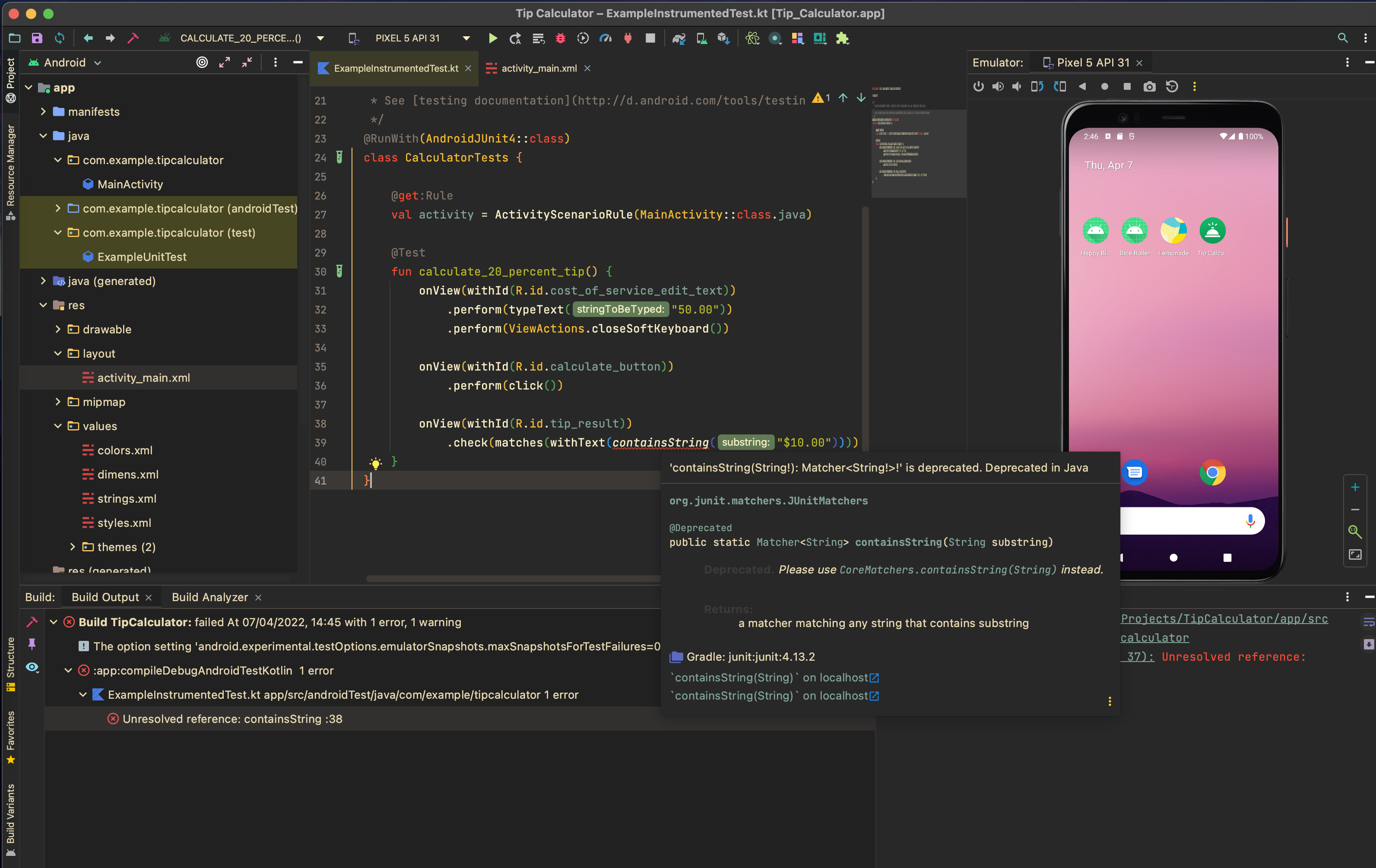 Android Basics Issue: Instrumentation Test Fails and Uses Deprecated ...