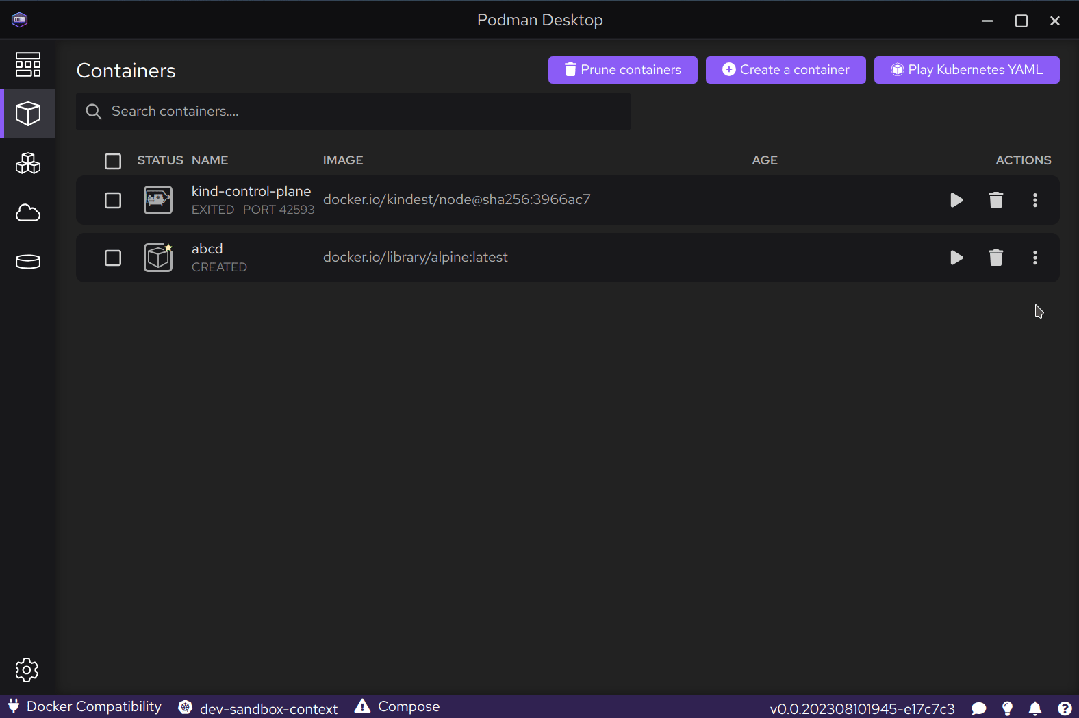 Deleting container deployed to sandbox dev context not working properly