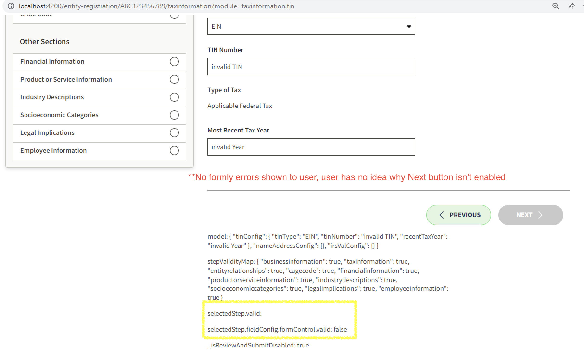 [Stepper] [Entity Reg Modules] Formly validations not triggering as ...
