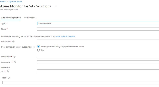 Screenshot showing the configuration options for adding a SAP NetWeaver provider.