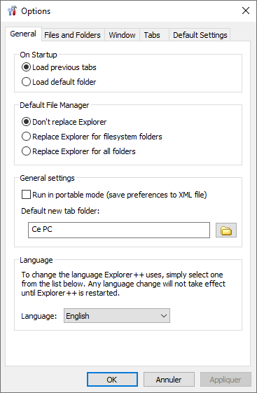 Options menu in english