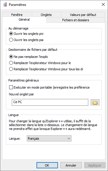 Options menu in french