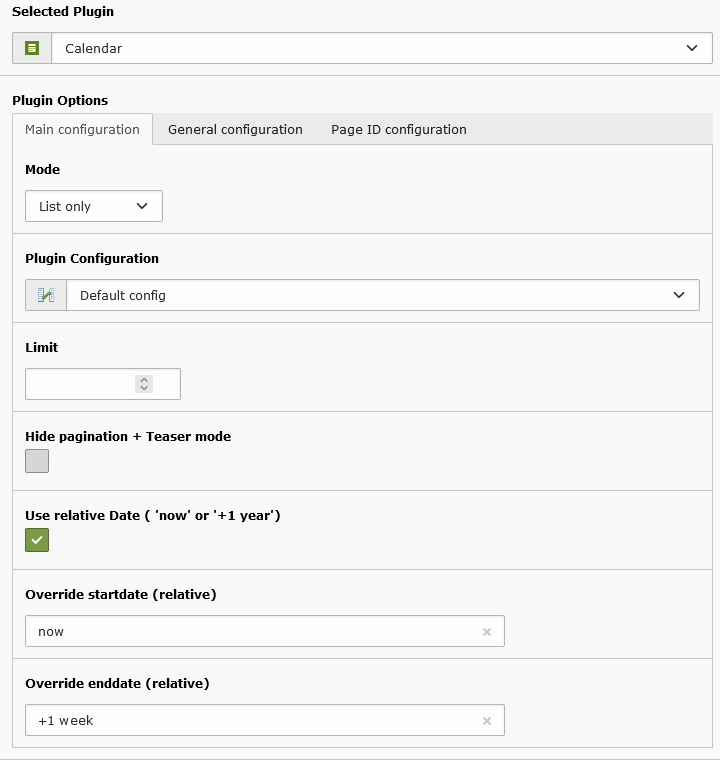 Example plugin configuration with useRelativeDate set, from now to +1 week