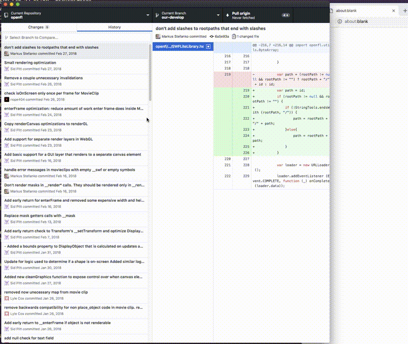 Focusing github desktop jumps to top of git history and loses focus of ...